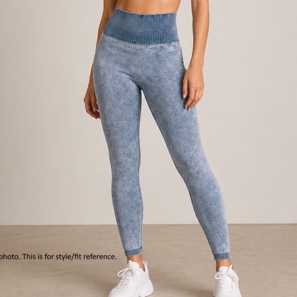 POPFLEX Womens High Waisted Seamless Acid Wash Ribbed Leggings Blue XS